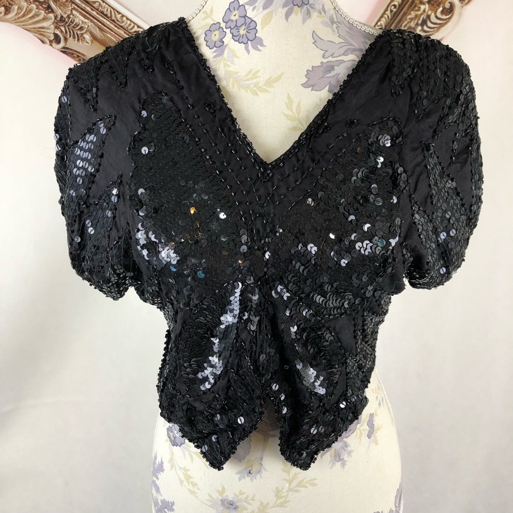 NWT vintage Kaasvi silk black butterfly sequin top